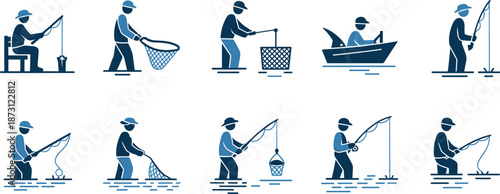 Fishing Icons Set Showing Various Activities And Poses On White Background Keywords: fishing, angler, fisherman, hobby