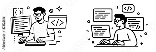 Creative programmer engaged in coding with dual screens in workspace