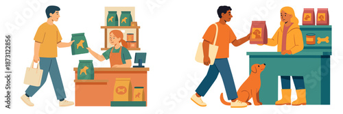 Pet owners buying food from a store in a friendly environment
