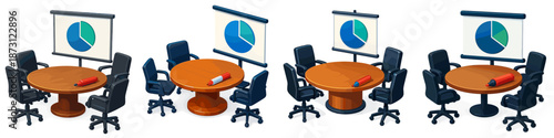 Unique office meeting setup with presentation tools and seating