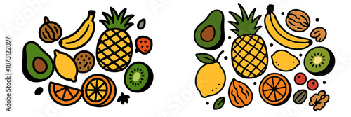 Colorful assortment of fruits and nuts in a playful vector design