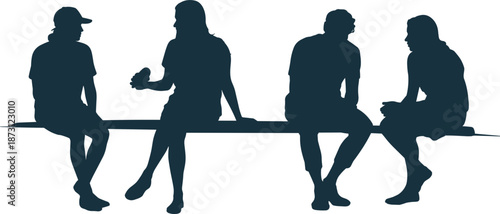 Four Silhouettes Of People Sitting On A Bench Against A White Background Keywords: silhouettes, people, sitting, bench, group