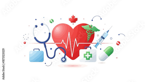 Healthcare Concept: Heart, Stethoscope, Syringe, Medical Kit, Capsule