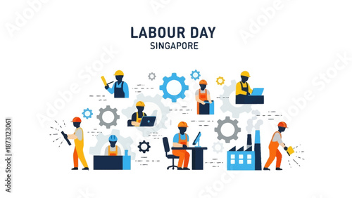 Singapore Labour Day workers illustration, industry, gears, celebration