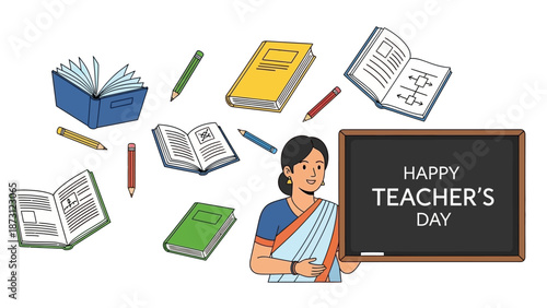 Happy Teacher's Day: Woman with Blackboard, Books and Pencils
