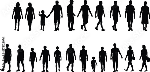Group Of Silhouettes Of Men Women And Children In Various Poses On White Background people collection