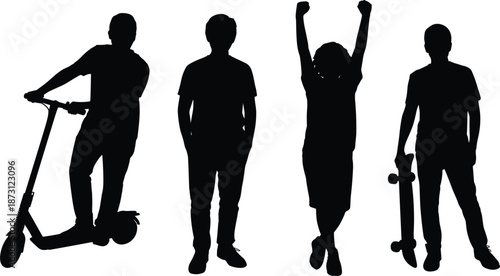 Four Silhouettes Of People With Scooter Skateboard And Arms Raised On White Background woman child