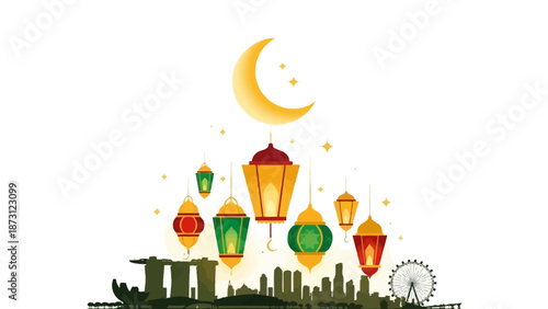 Ramadan lanterns illuminate Singapore skyline with crescent moon