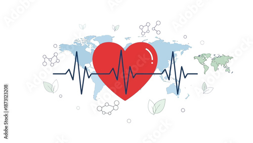 Global Health Heartbeat ECG World Map Science Molecules
