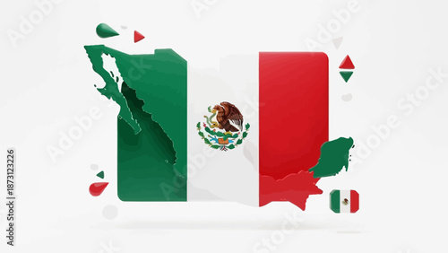Mexico Flag Map 3D Rendering with Emblem and Geometric Shapes