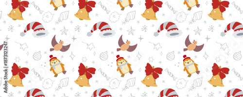 Horizontal vector wrapping paper design with a seamless Christmas pattern. Festive, bright, and cozy. Perfect for gift wrap, retail packaging, holiday branding, prints, and seasonal decorations.