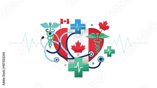 Canadian Healthcare Heart Symbol with Caduceus and Stethoscope