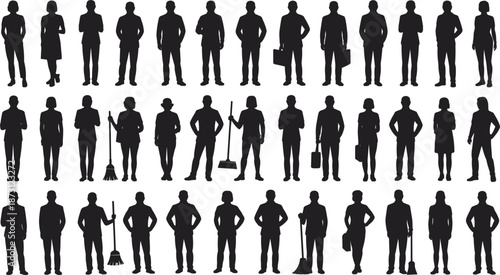 Large collection of male and female silhouettes in various poses and activities people woman
