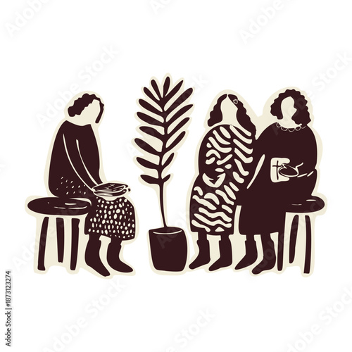 Womens fellowship Bible study group icon. Hand drawn vector motif. Faith based christian religion illustration. Women holding bibles, sitting spiritual community on chairs. Contemplative prayer circle
