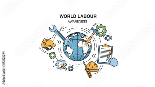 World Labour Awareness: Tools, Globe, Hard Hats, Gears and Clipboard