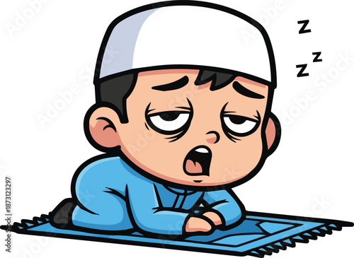 A tired Muslim boy in blue pajamas falling asleep while in a prostrating or sitting prayer position on a blue mat.