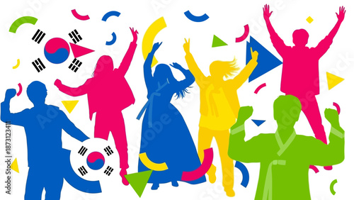 South Korea Celebration: People Dancing with Korean Flag and Confetti