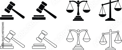 Legal Icons Gavel and Scales of Justice Black and White court judge