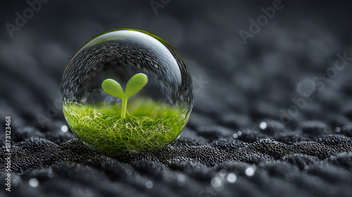 Green seedling encapsulated in water droplet on black superhydrophobic nano-textured surface representing agricultural innovation