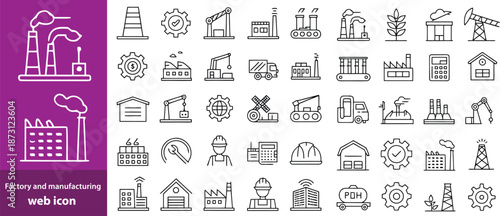 Factory and manufacturing Web Icon Set in Linear Style. Collection of manufacturing line icons, including automation, plants, industrial, production, machine, warehouse and more. Editable stroke 