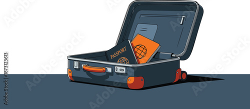 Open Suitcase with Travel Documents and Items.