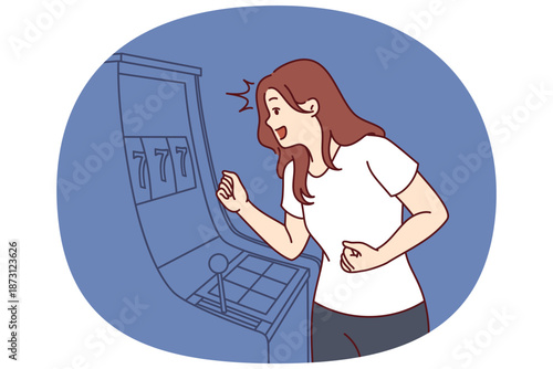 Happy woman plays slot machines and rejoices after winning jackpot in Las Vegas casino. Overjoyed young girl makes money bets with excitement and hopes for apron relaxing in casino