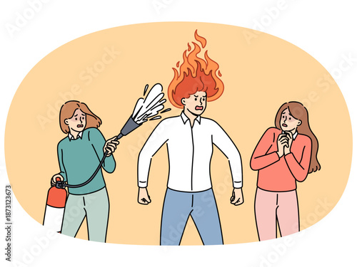 Aggressive man with flame on head stands near frightened colleagues with fire extinguisher. Aggressive manager needs training in self-control, for concept of inappropriate boss behavior