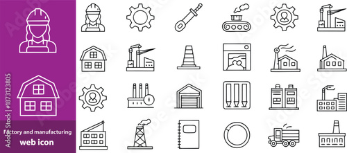 Factory and manufacturing Web Icon Set in Linear Style. Collection of manufacturing line icons, including automation, plants, industrial, production, machine, warehouse and more. Editable stroke 