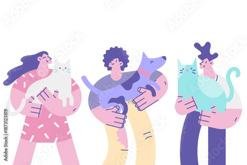 Happy people hold domestic animals cats and dogs