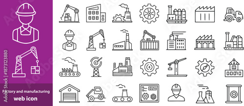 Factory and manufacturing Web Icon Set in Linear Style. Collection of manufacturing line icons, including automation, plants, industrial, production, machine, warehouse and more. Editable stroke 
