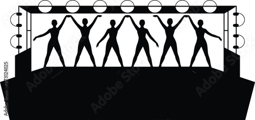 Silhouette of Performers on a Stage with Spotlight Circles and Stage Lights dancing posing