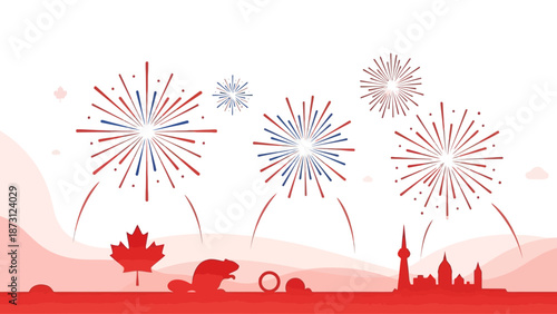 Canada Day Fireworks and Icons: Maple Leaf, Beaver, Skyline