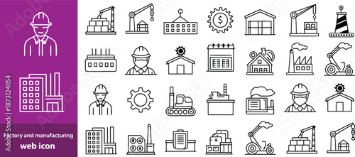 Factory and manufacturing Web Icon Set in Linear Style. Collection of manufacturing line icons, including automation, plants, industrial, production, machine, warehouse and more. Editable stroke 