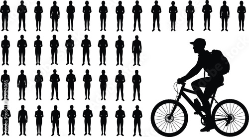 Silhouette Of A Cyclist And Rows Of Standing Male Silhouettes On White Background Keywords: silhouette, cyclist, bicycle, man