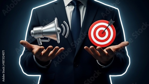 Businessman presenting marketing strategy with megaphone and target