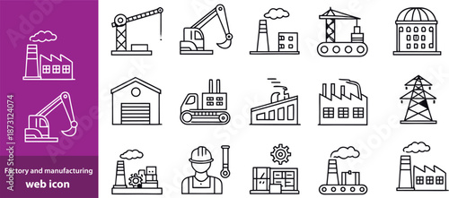 Factory and manufacturing Web Icon Set in Linear Style. Collection of manufacturing line icons, including automation, plants, industrial, production, machine, warehouse and more. Editable stroke 