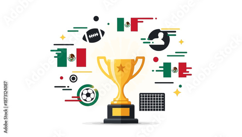 Mexico Sports Trophy Celebration with Flags and Icons