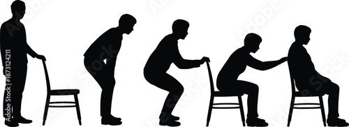 Silhouettes of a Man Interacting with a Chair Through Different Stages sitting standing