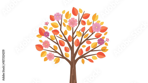 Autumn Tree with Flowers and Leaves - Vector Illustration