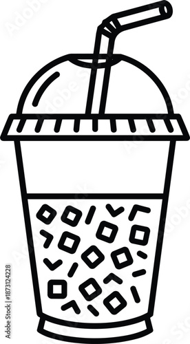 Refreshing iced coffee take away plastic cup with straw and ice cubes black and white line art vector