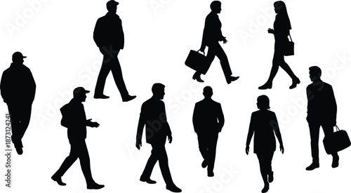 Silhouettes of business people walking and standing with briefcases Keywords: business, people, walking, standing, silhouette