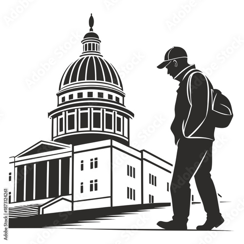 Student approaching historic building