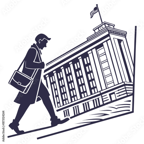 Man walking past large office building