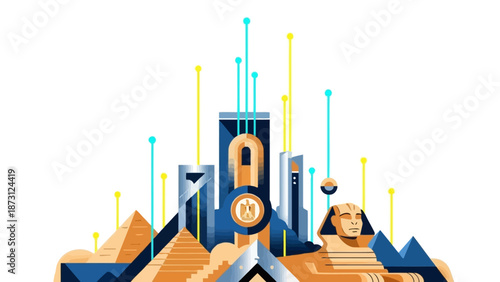 Modern Egypt Cityscape with Pyramids and Sphinx Illustration