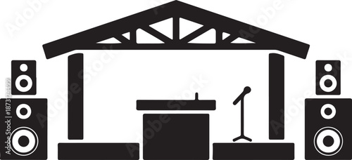 Outdoor concert stage black and white vector icon. Simple flat music equipment pictogram. Podium symbol.