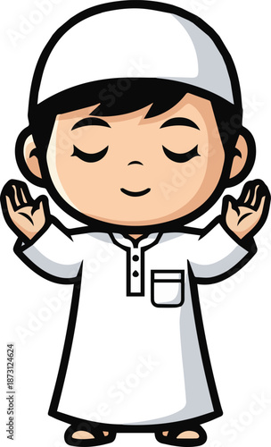 A peaceful Muslim boy illustration wearing a white Thobe and skullcap, standing with his hands raised in supplication (Dua) and eyes closed in devotion.
