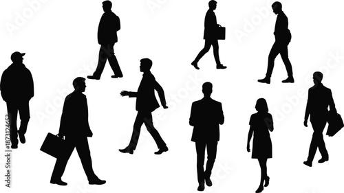 Silhouettes of men and women walking and standing with briefcases on white background Keywords: silhouette, people, walking
