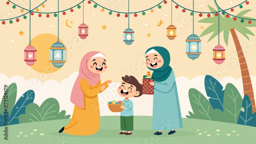 Joyful Muslim family gathering illustration for Ramadan celebration with colorful festive elements