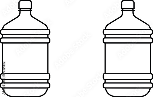 Large plastic water cooler jugs vector line art illustration for office hydration delivery services and mineral water packaging design.