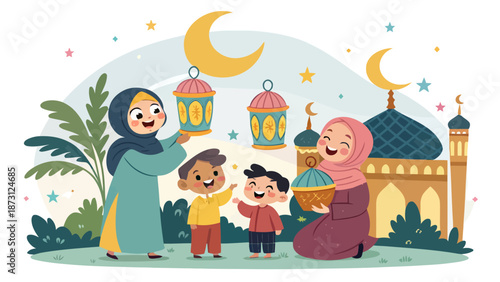 Colorful Ramadan family illustration with glowing lanterns and crescent moon in a flat vector style